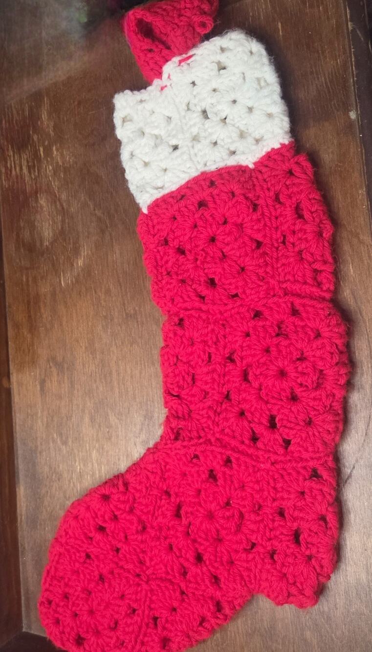 Vtg Handmade Crochet Granny Square Christmas Stocking Red With White Chic